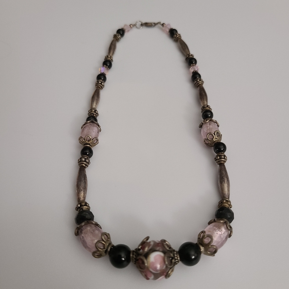 925 Murano Vintage Glass Necklace Lampwork Sterling Silver Estate Italy Pink